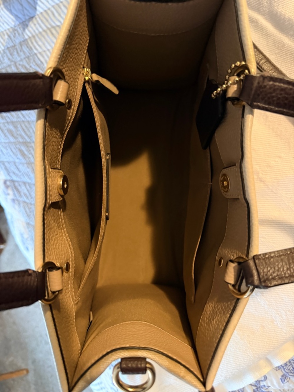 Coach Color Block Leather Satchel in Cream / Tan / Brown and Signature - Picture 6 of 8